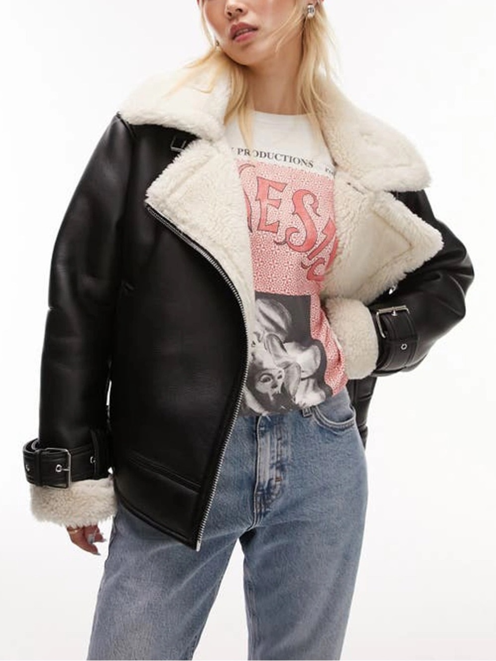 Topshop Curve 2X / US 20-22 faux leather shearling aviator biker jacket in black
